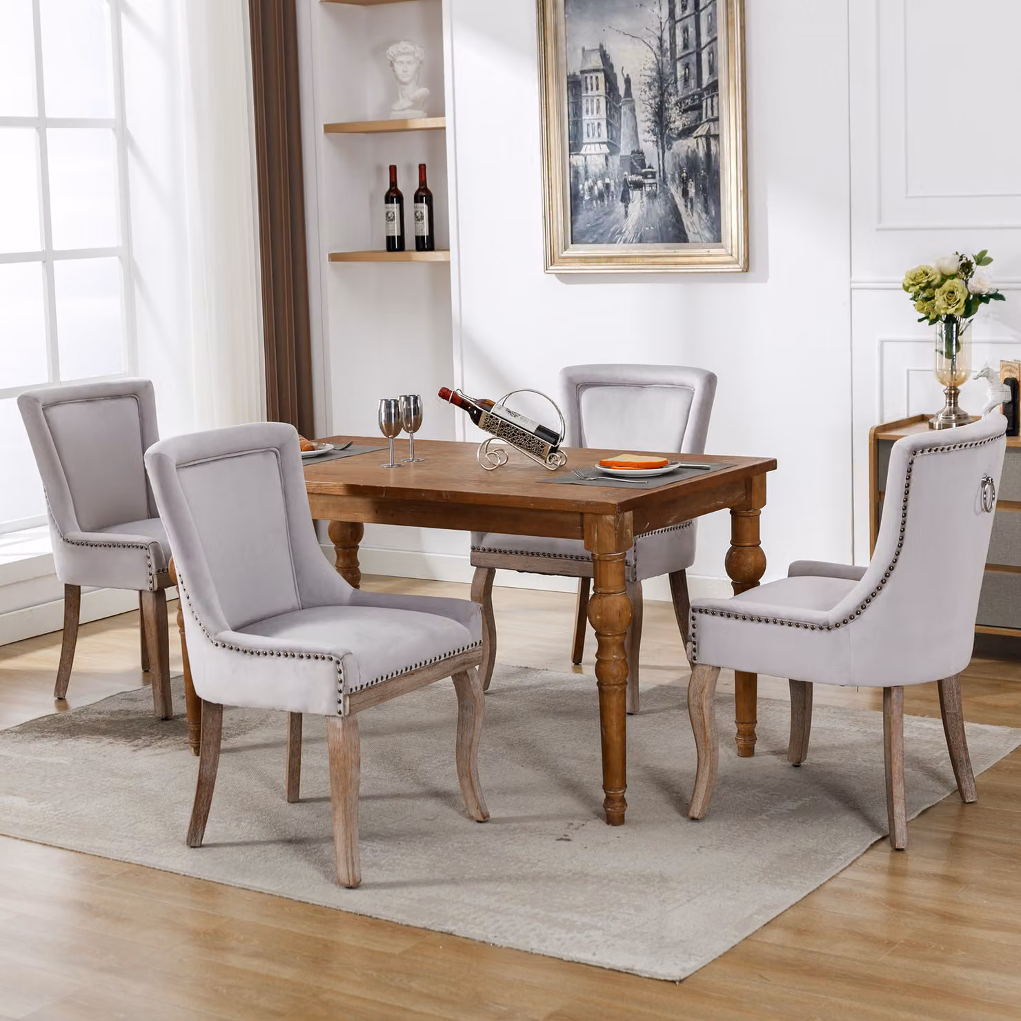 okwish, set di 4 sedie da pranzo ideali per la cucina, il soggiorno o come poltrone. Sedia multifunzionale con decorazioni a chiodini, gambe in legno massello, rivestimento in velluto, colore beige