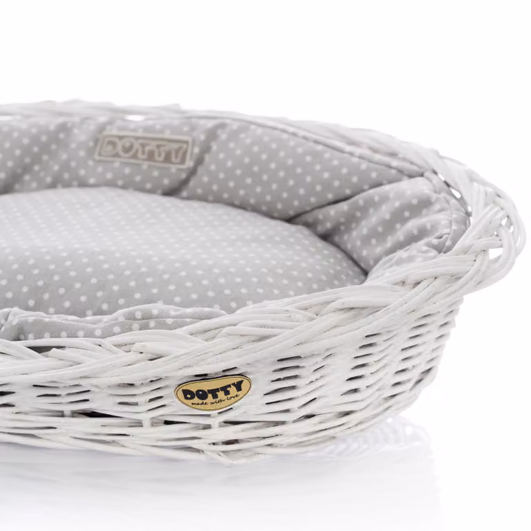 Cesto in vimini bianco sbiancato per cani Cesto Wiki con cuccia in cotone - Grigio a pois bianchi - DOTTY
