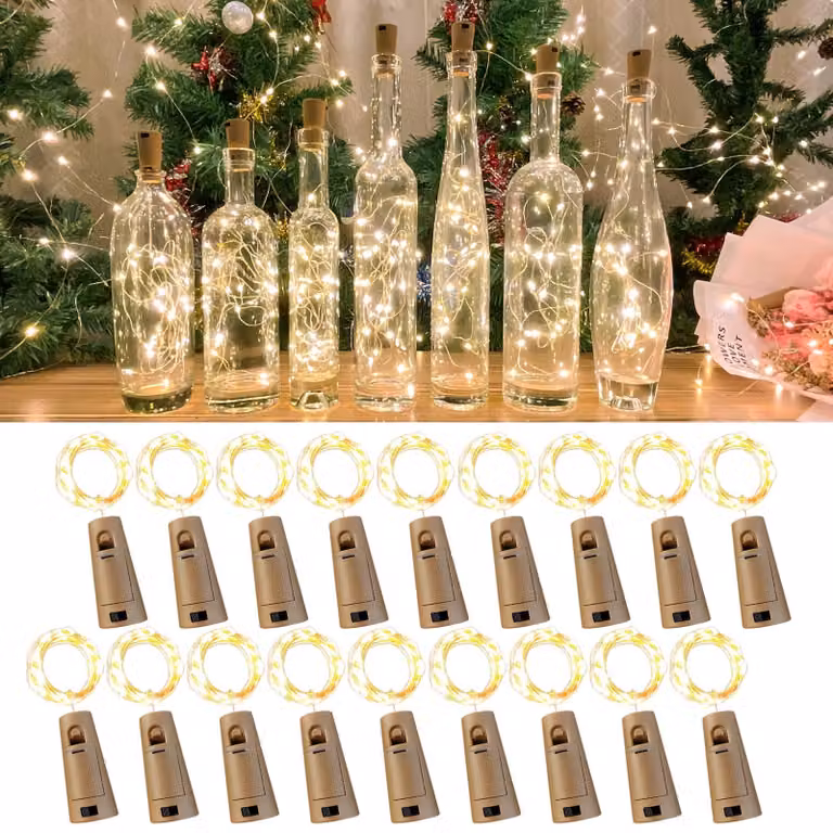 Set di luci a LED per bottiglie, 2 metri, 20 LED bianco caldo