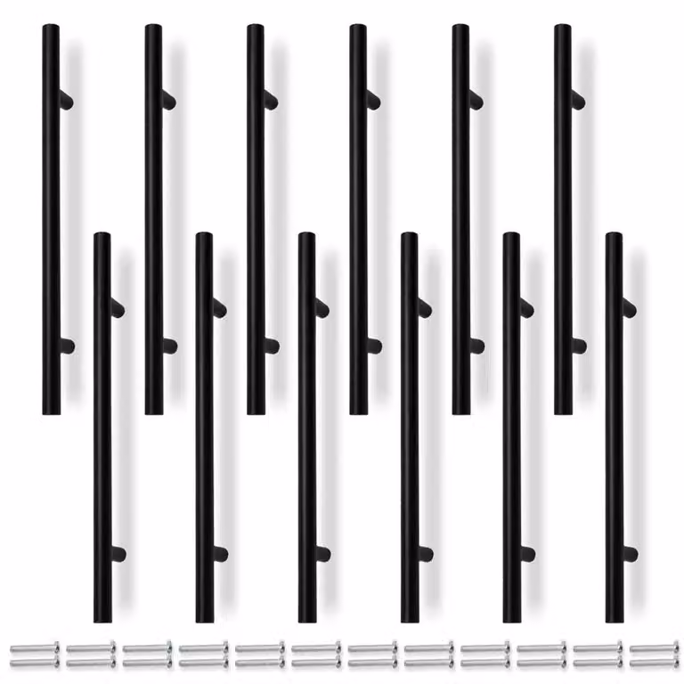 12 maniglie nere opache a forma di T per mobili da cucina, lunghezza 250 mm