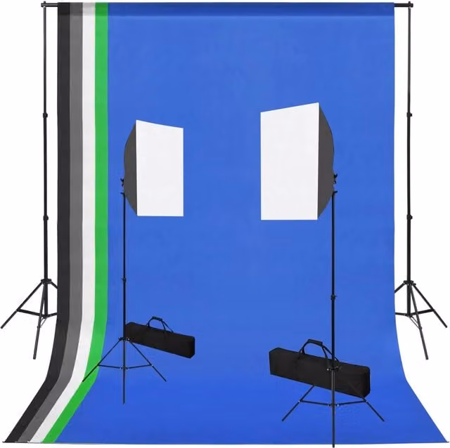 Kit studio fotografico professionale con light box rettangolare e 5 fondali colorati nero, verde, bianco, grigio e blu