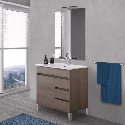 Mobile bagno da terra INBAGNO linea Way rovere scuro con specchio e lavabo moderno con ante soft close