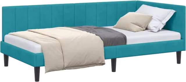 Letto singolo moderno in velluto turchese con struttura in legno, L/P/H: 200 x 90 x 72 cm – 1