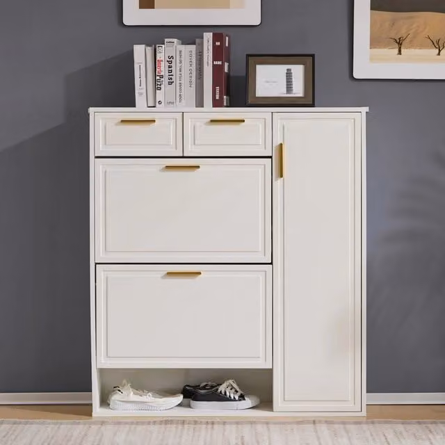 Scarpiera moderna Zephmum bianca con cassetti e ripiani regolabili L: 95 cm, P: 24 cm, H: 107,5 cm