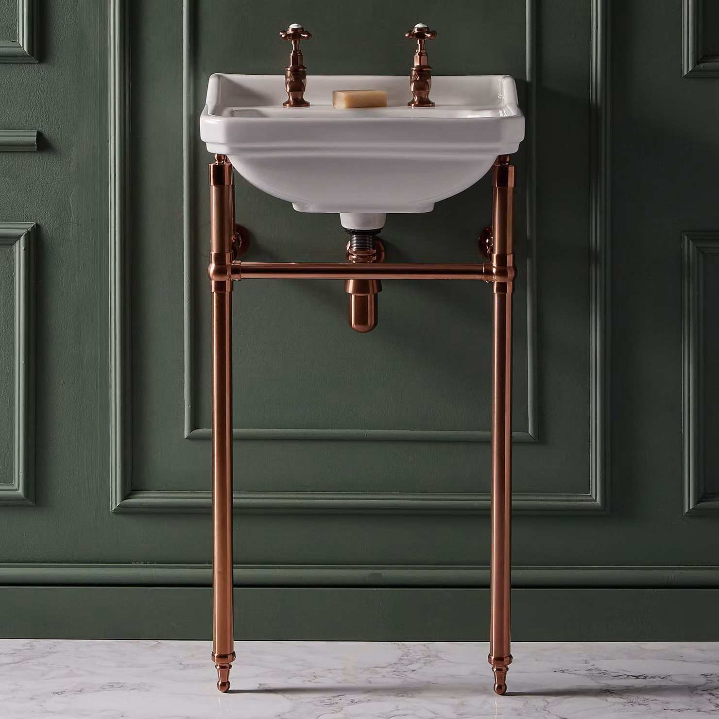 Consolle con Lavabo e Struttura Tradizionale 500mm in Rame Satinato - 2 Fori per Rubinetteria - Richmond
