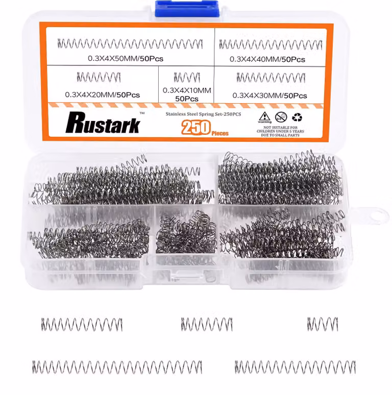 Set di 250 molle a compressione, acciaio inossidabile, diametro esterno di 4 mm, disponibili in 5 dimensioni: 10-50 mm