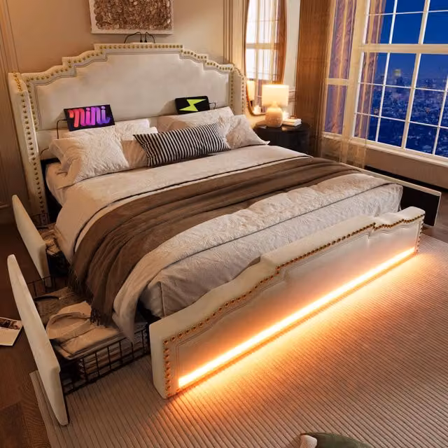 Letto Mivray con 4 cassetti, illuminazione LED e porte USB/Type-C, rivestito in velluto beige, L/P/H: 160 x 200 x 120 cm