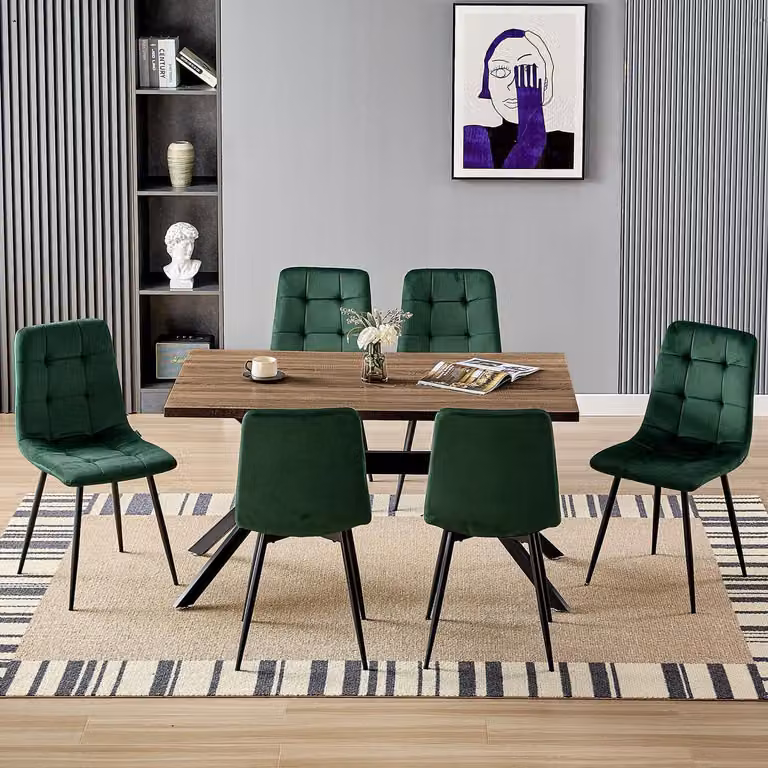 Tavolo da pranzo con 6 sedie, tavolo rettangolare in legno di 140x80 cm, 6 sedie in velluto color verde scuro, gambe in metallo nero