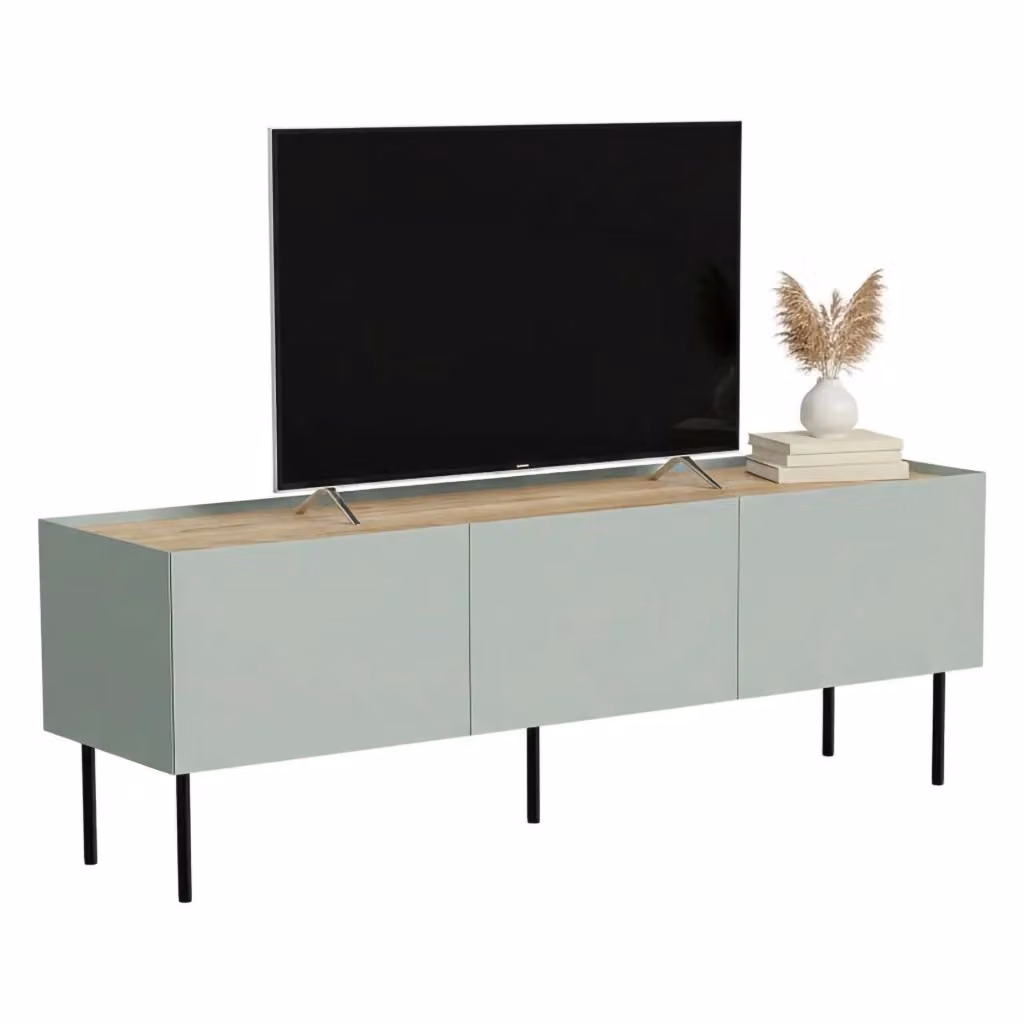 Mobile porta TV Calanna DMORA, Madia da salotto moderna con tre ante e tre vani interni, L 150 x P 40 x H 52 cm, Verde e Rovere – 2
