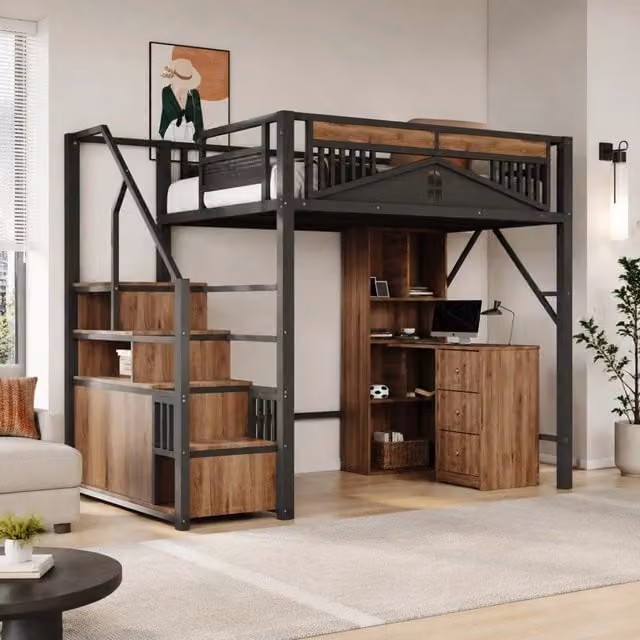 Letto a soppalco 140x200 cm con scala e contenitore in metallo e legno nero