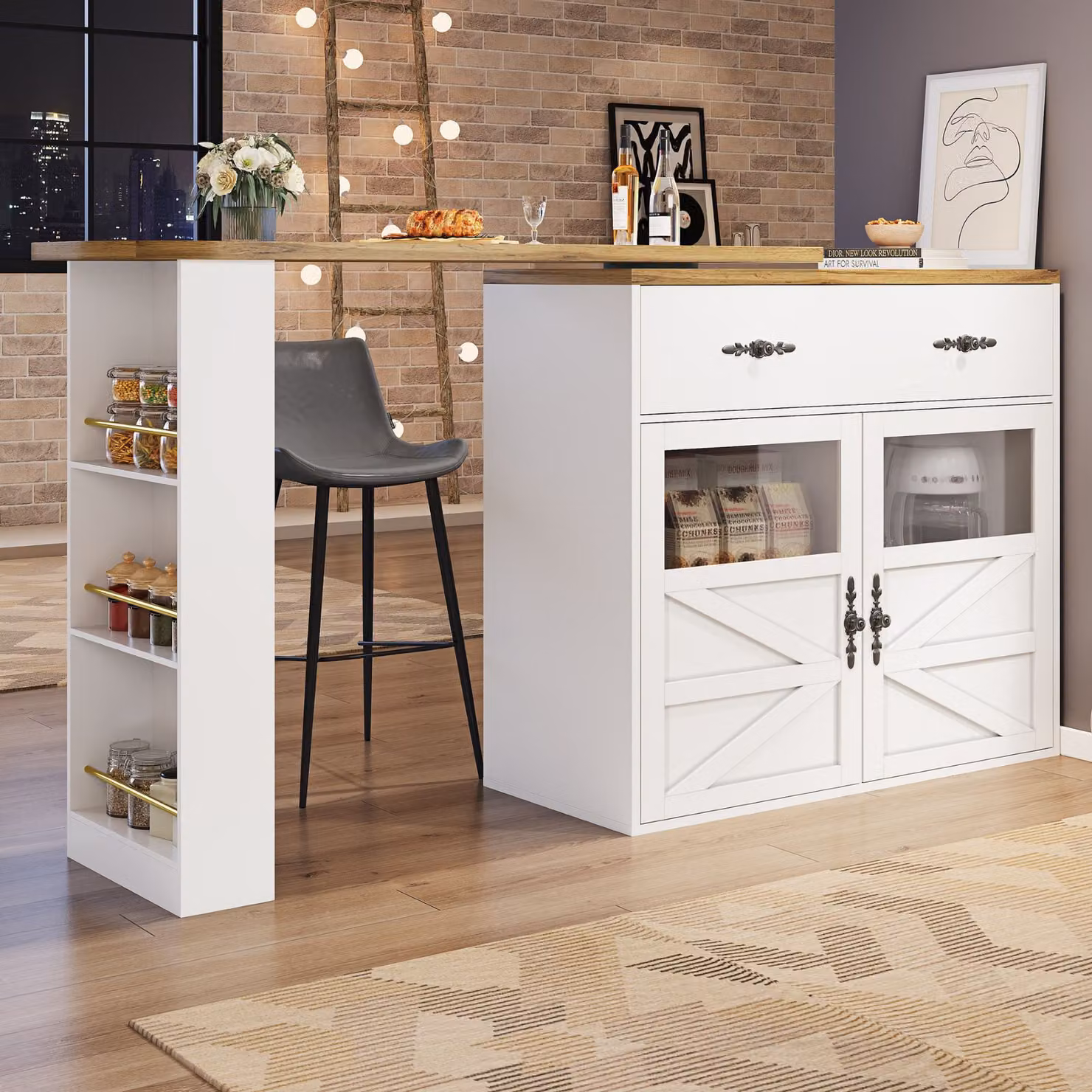 Tavolo bar allungabile con piano girevole a 360 gradi e vano portaoggetti, Bianco e Trasparente, L: 138-204 cm, P: 39 cm, H: 104 cm – 2