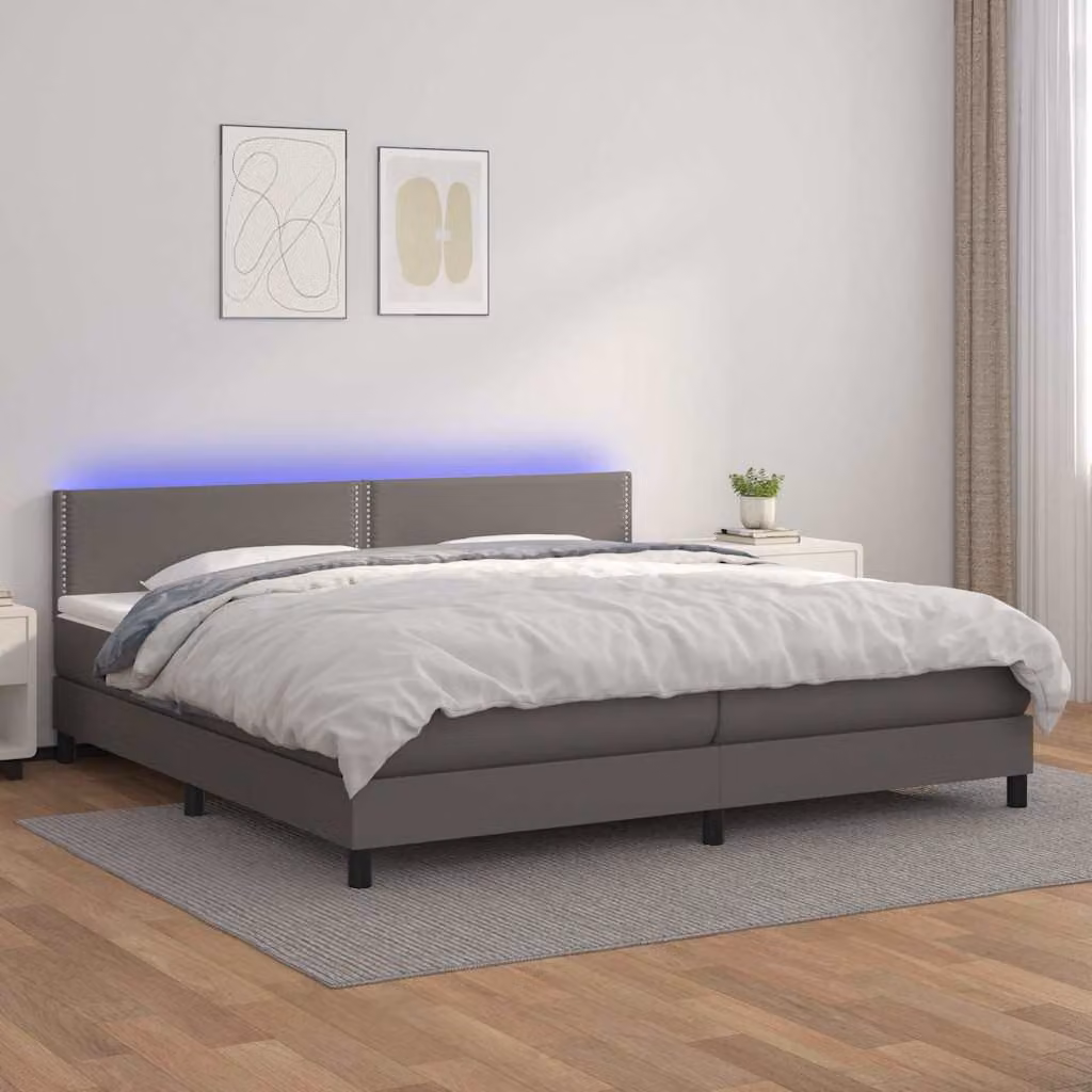 vidaXL Giroletto con Materasso e Illuminazione LED in Similpelle Grigio L: 200 cm, P: 200 cm, H: 203 cm – 1