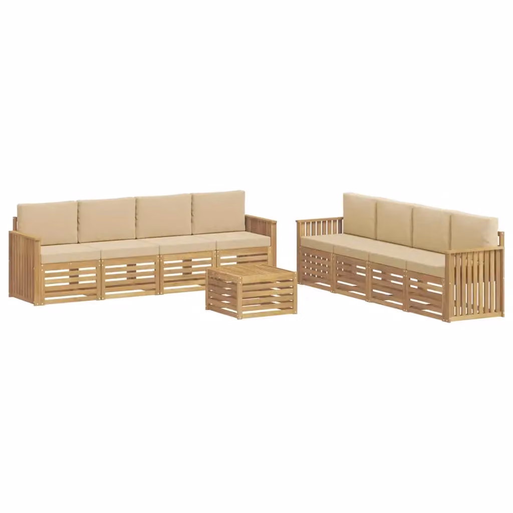 Set di mobili da giardino vidaXL composto da 9 pezzi con divani da esterno, tavolino e cuscini in tessuto resistente ai raggi UV, colore bianco e beige, struttura in legno di acacia trattato – 2