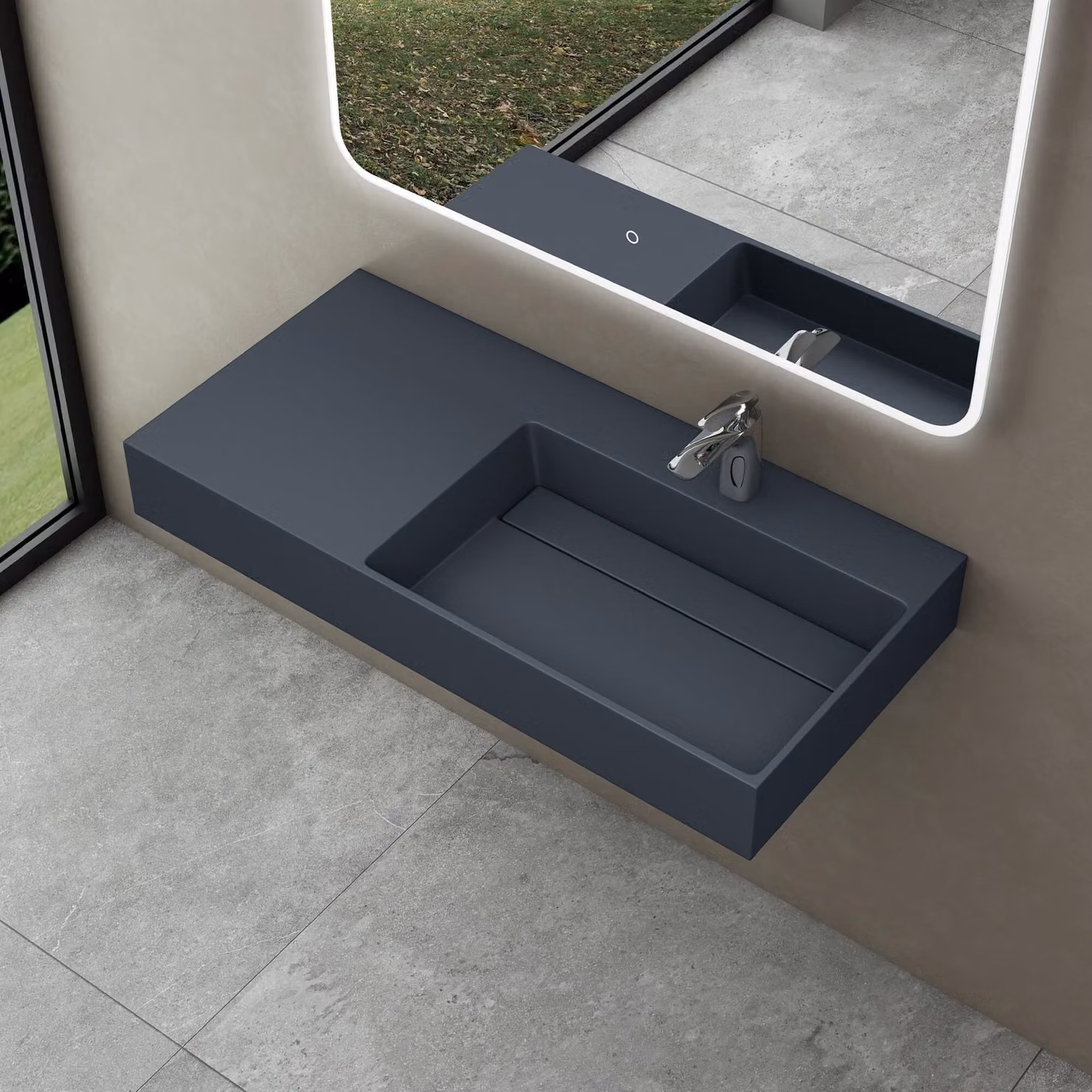 doporro Lavabo Bagno Sospeso Lavabo da Appoggio Rettangolare in Marmo Resina Antracite Opaco, Vasca a Destra 90x48x13 cm con 1 Foro Rubinetto e Piletta Scarico, Colossum12