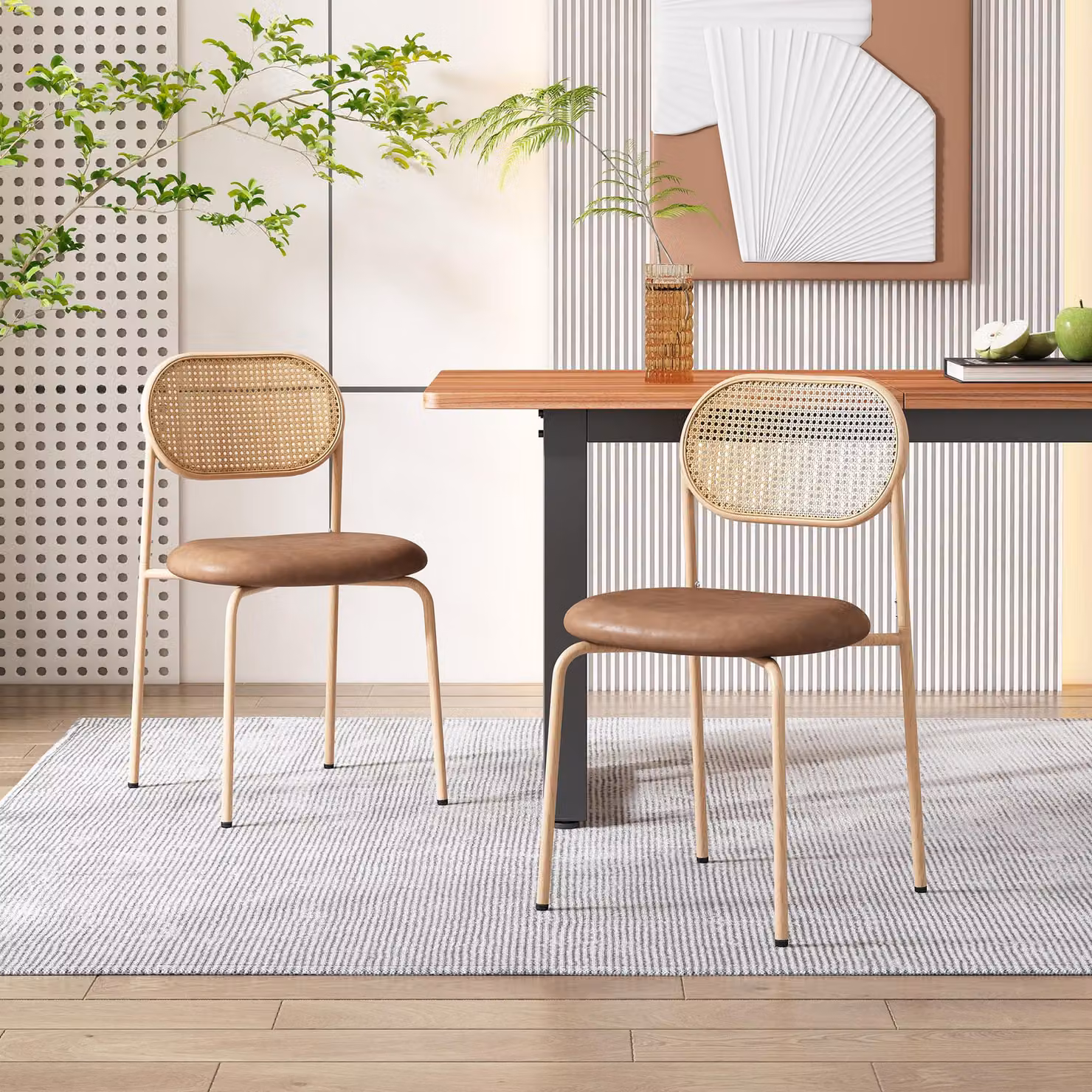 Set di 2 sedie da pranzo, design moderno e semplice, con quattro gambe in metallo, seduta in rattan, adatte per la sala da pranzo, il soggiorno e la camera da letto, colore marrone
