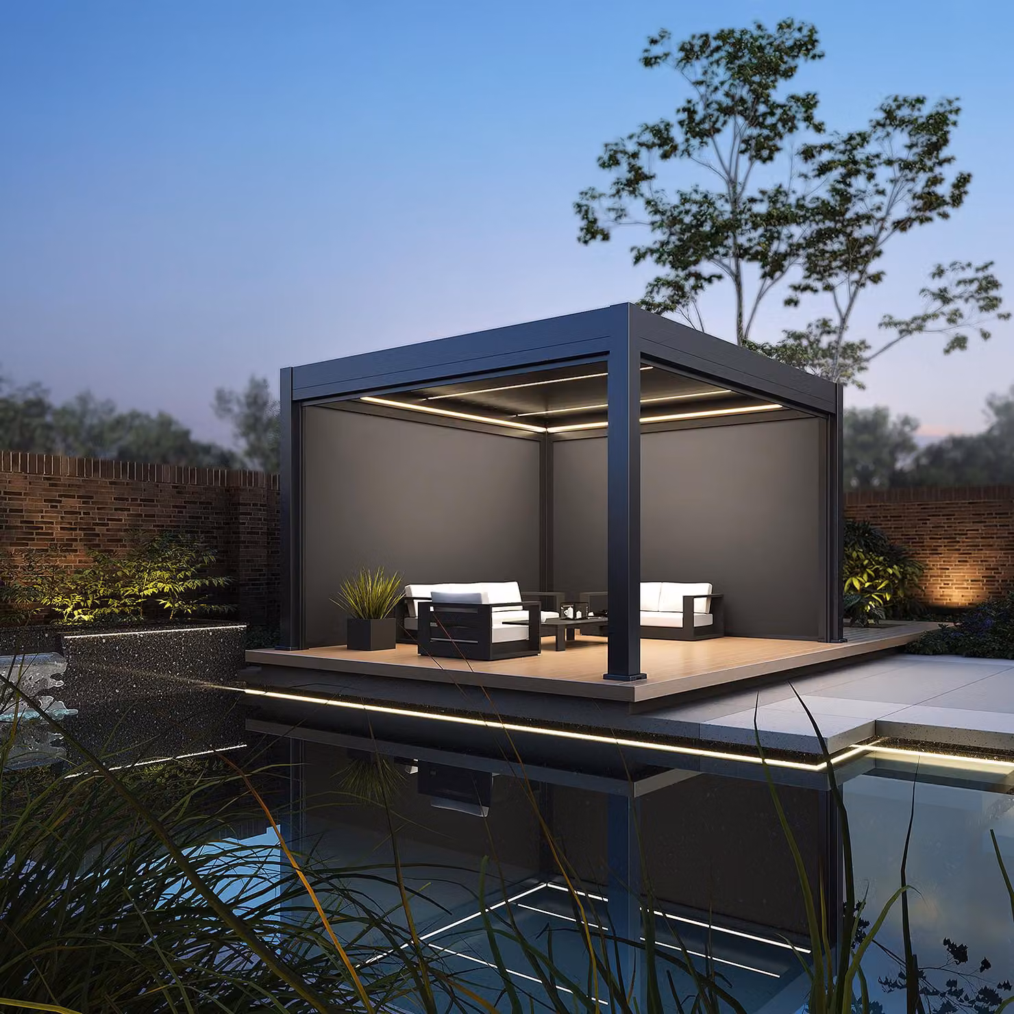 Pergola Weide Prestige in alluminio 3,6x4 m con tetto a lamelle, LED e 4 tende da sole color antracite