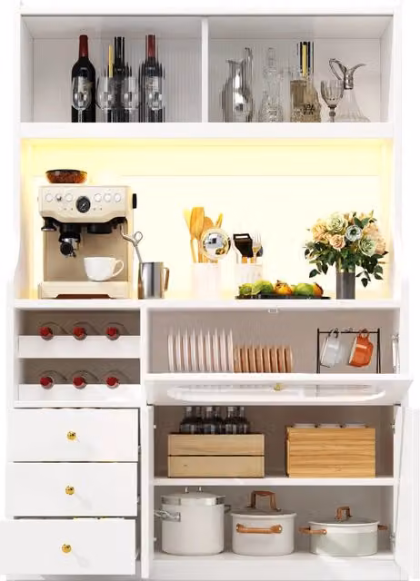 Mobile dispensa cucina alto 180 cm; 120 x 40 cm; illuminazione RGB tramite applicazione; portabottiglie e 3 cassetti; bianco