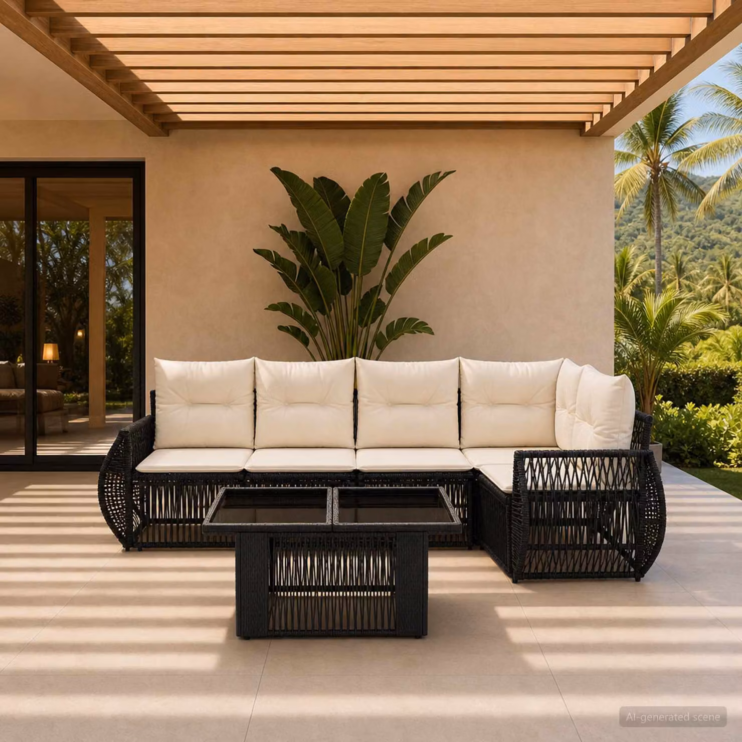 Set Divano da Giardino vidaXL 6 Pezzi Moderno in Polyrattan con Cuscini, Colore Nero e Bianco Crema
