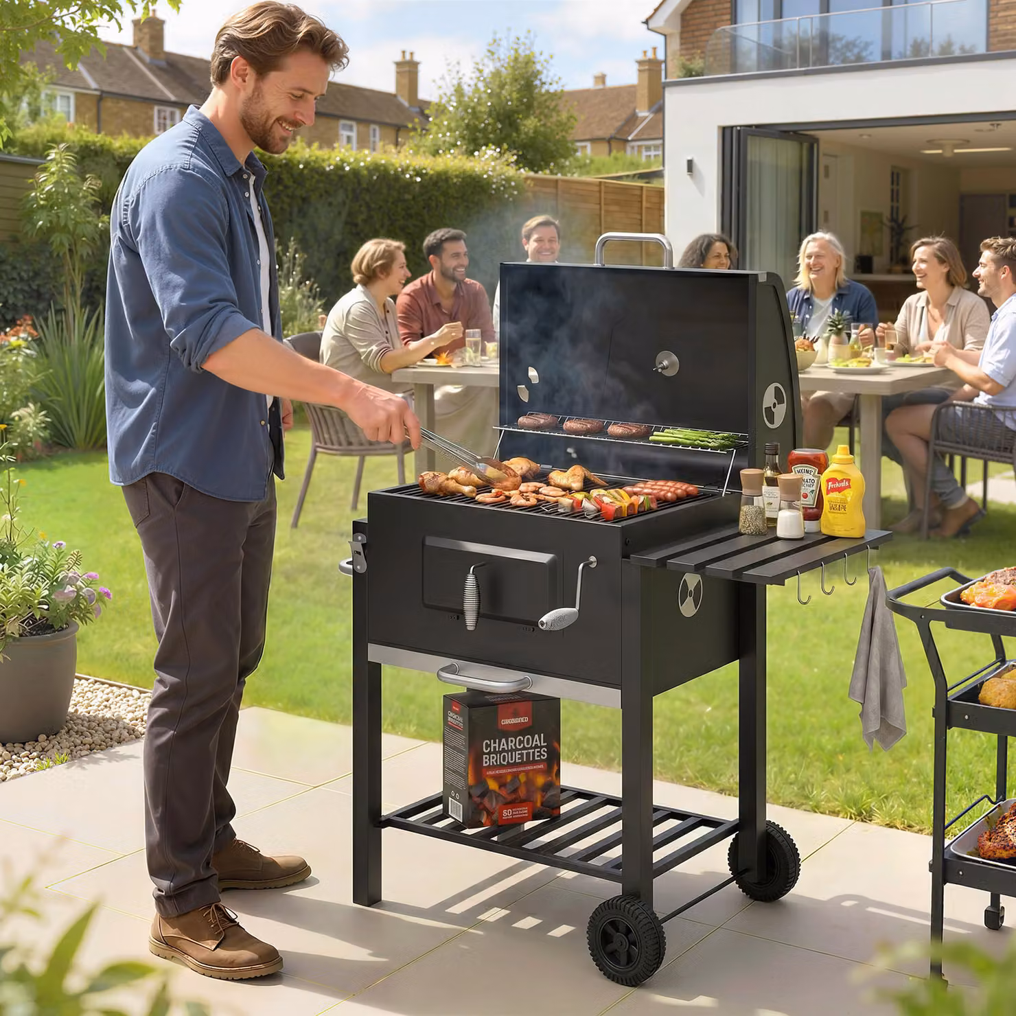 Barbecue a carbone con ruote Outsunny in acciaio inossidabile con termometro e coperchio, Nero, L: 113 cm, P: 65 cm, H: 108 cm – 2