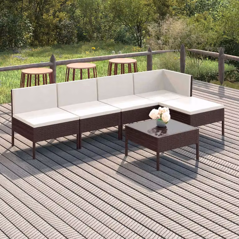 Set Divani da Giardino vidaXL 6 Pezzi in Polyrattan Marrone con Cuscini Bianchi e Tavolino da Esterno
