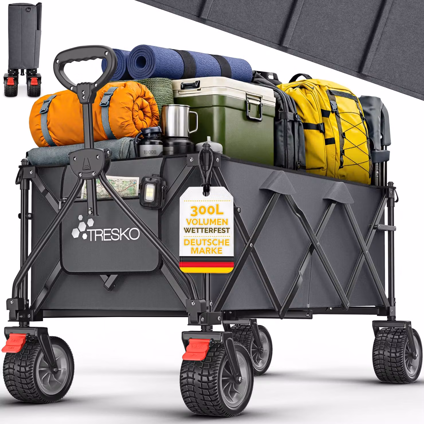 Carrello pieghevole TRESKO® da 300 litri con freno, antracite | Carrello a mano pieghevole con portata 150 kg, ruote in gomma piena incluse | Carrello da spiaggia pieghevole con ruote fuoristrada extra larghe | Carrello da giardino con borsa per il traspo