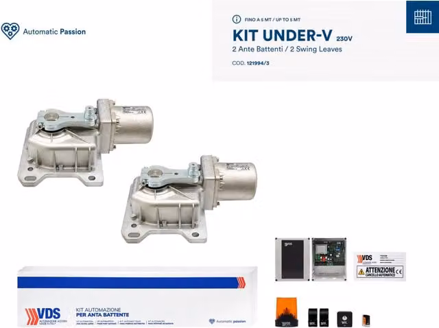 Kit per 2 ante di cancelli a battente VDS Under-V 230V da 5 metri, colore argento