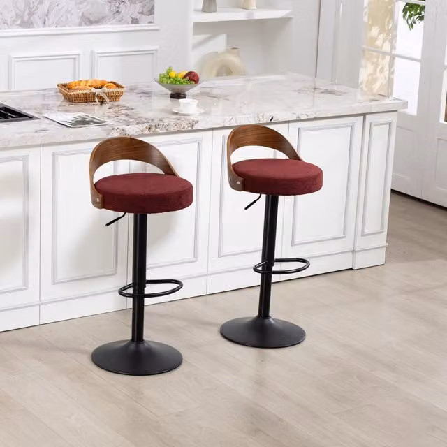 Set di 2 sgabelli da bar MIVRAY girevoli a 360° regolabili in altezza con schienale in lino rosso e base in metallo nero opaco