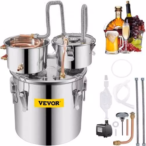 Distillatore per Acqua e Alcol VEVOR con Pompa e Doppi Fusti in Acciaio e Rame, Capacità 30 Litri, Colore Argento e Rosso