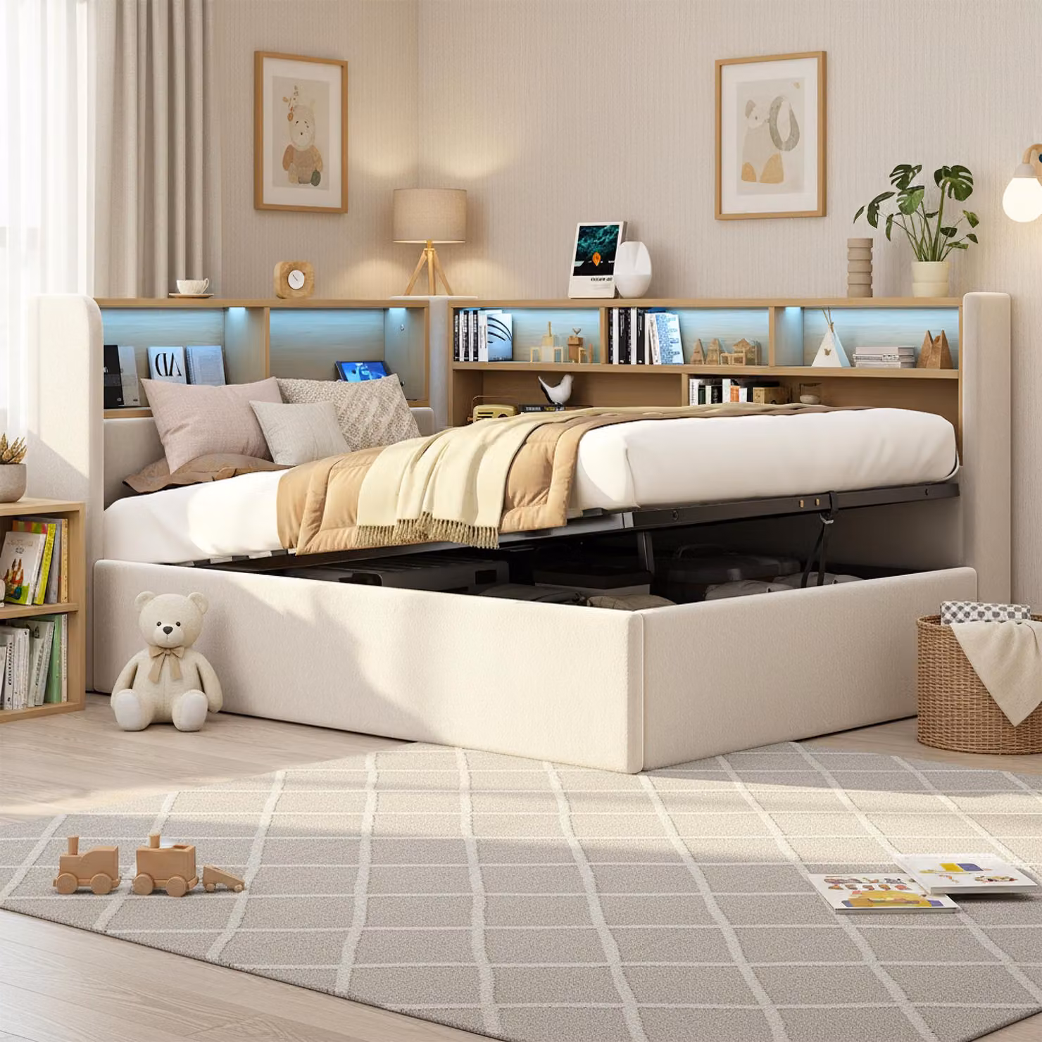 Divano letto STILVORA 90×200 cm con materasso, struttura con vano contenitore idraulico, illuminazione a LED e porta USB Type-C, divano letto imbottito con struttura e schienale integrati, divano letto in velluto beige