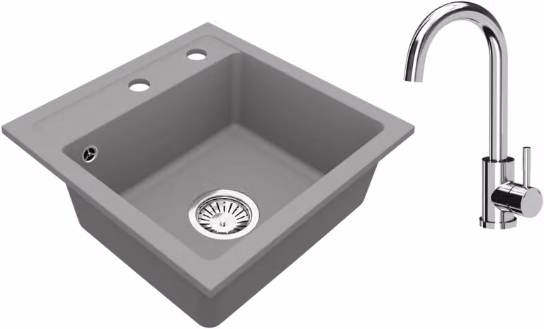 VBChome Lavello in granito 44 x 44 cm Grigio con rubinetteria Vasca singola Lavello da incasso Maculato Lavello di facile manutenzione con sifone Ideale per cucine piccole