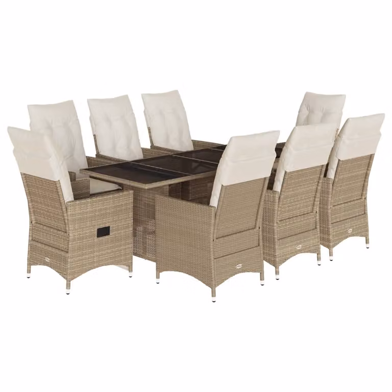 Set da Pranzo da Giardino 9 pz con Cuscini Beige in Polyrattan