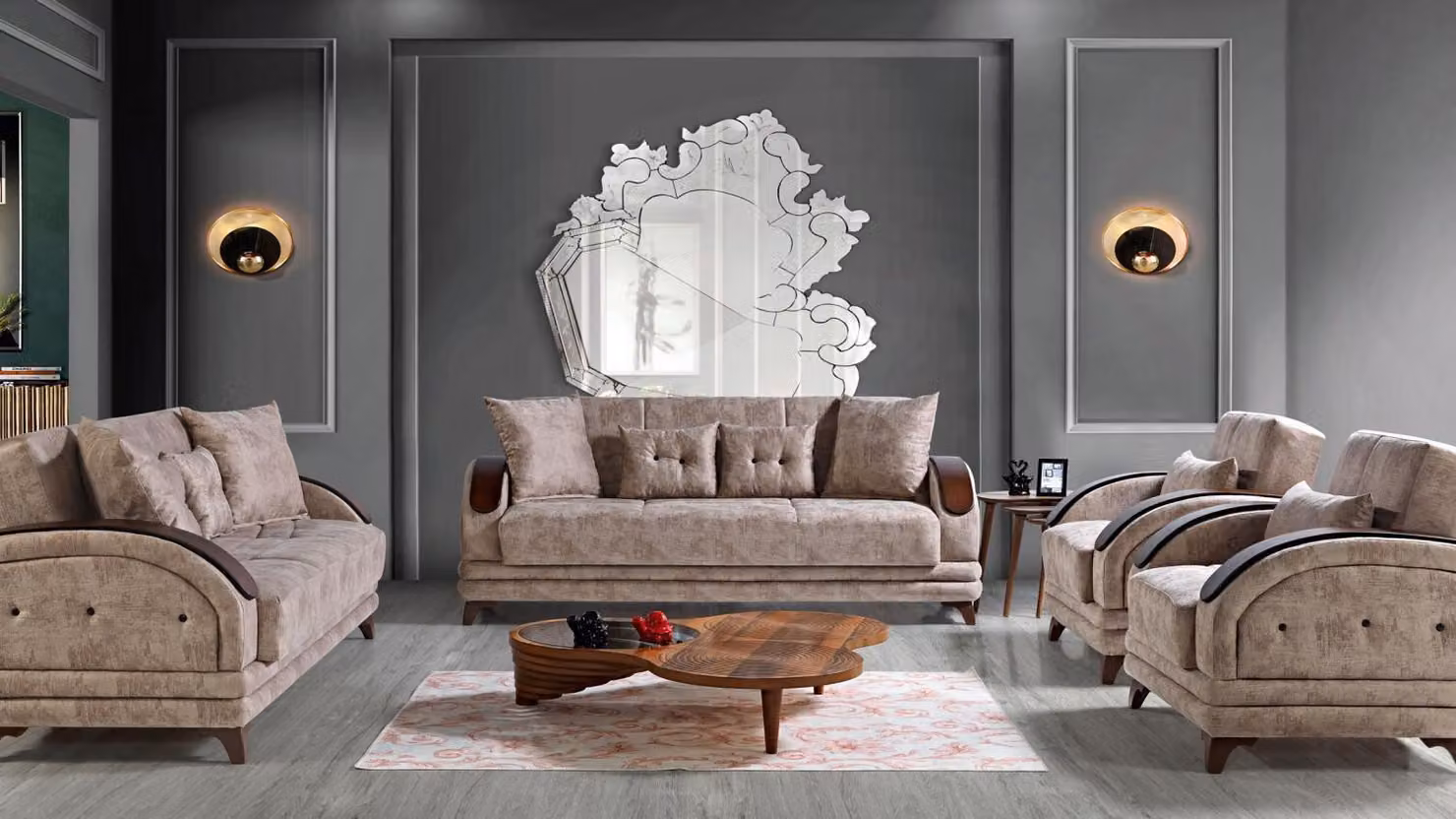 Sofagarnitur 3+2+1+1 Holz Wohnzimmer Luxus Sofa Modern Stoff Komplett Modern