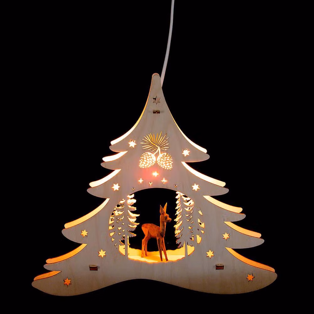 Albero di Natale con cervo e illuminazione naturale LxHxP 31,5x28,5x2cm NUOVO