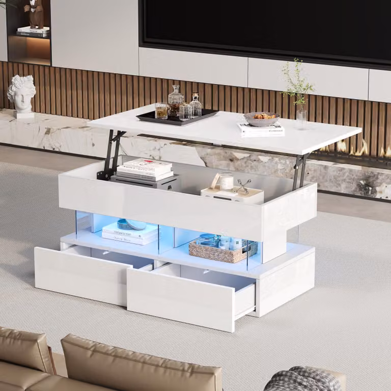 Tavolino da caffè bianco lucido, con piano sollevabile, illuminazione LED, 2 cassetti, realizzato in MDF e acrilico