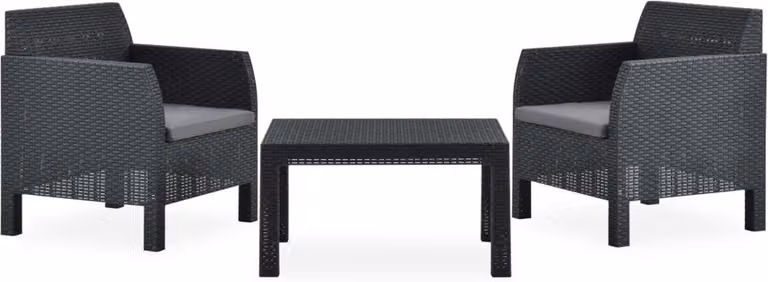 The Living Store Set da giardino 3 pezzi con cuscini PP rattan antracite