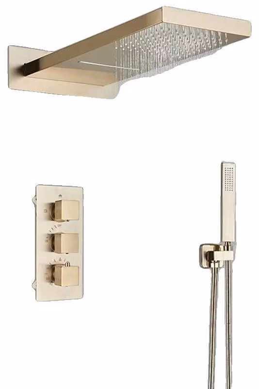 Set di rubinetteria per doccia, miscelatore termostatico, design a parete, oro spazzolato