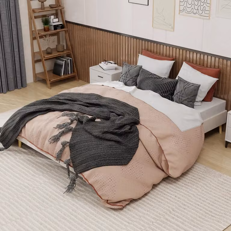 Letto Matrimoniale Moderno con Testiera Geometrica in Tessuto e Metallo, Beige, L/P: 160 x 200 cm