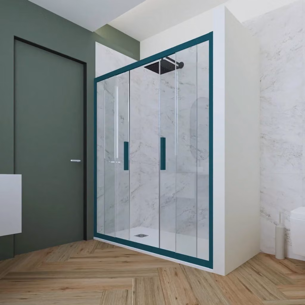 Porta doccia scorrevole rettangolare per nicchia Forte mod. Glam con vetro trasparente e profilo verde, L: 150 cm, H: 200 cm – 2