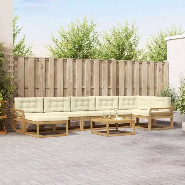Set di divani da esterno a L con tavolino e pouf vidaXL in legno di acacia, bianco e beige – 1