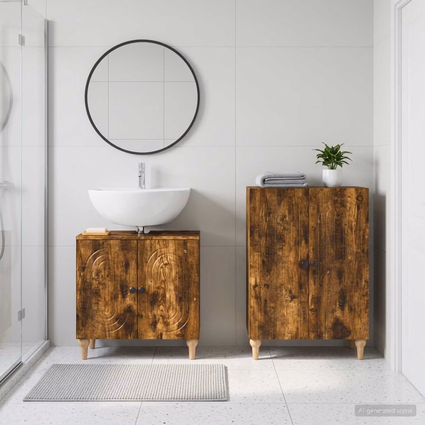Set di mobili da bagno vidaXL ALKMAAR composto da 2 pezzi, mobile lavabo e mobile contenitore, colore Rovere Fumo, design moderno con ante a battente e ripiani interni, freestanding
