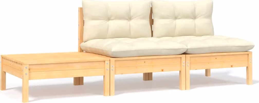 Set da lounge per giardino, composto da 3 elementi, con cuscini color crema, realizzato in legno massello di pino