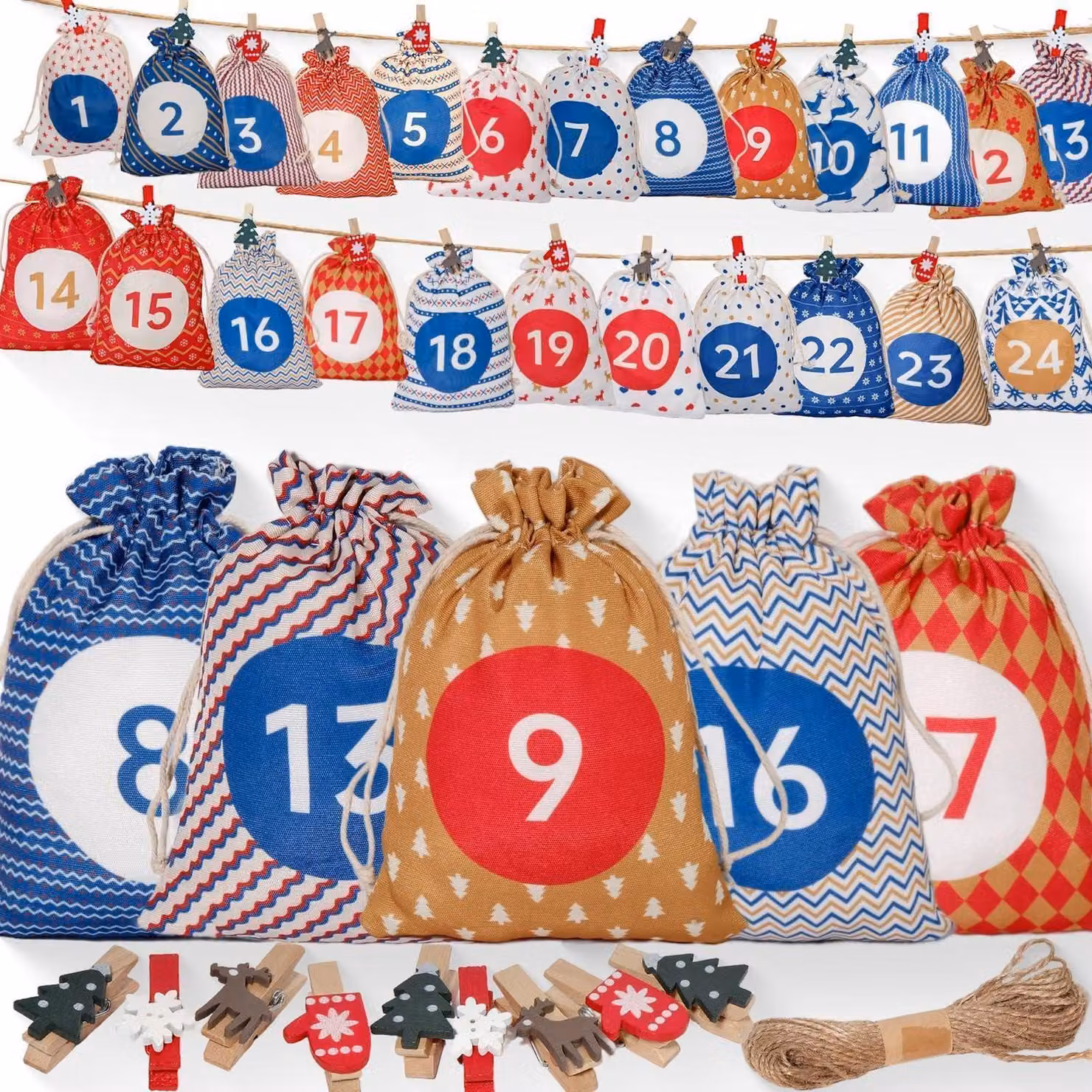 Calendario dell'Avvento da riempire, 24 sacchetti in tessuto, riutilizzabili, in tela, con motivi colorati, dotati di corda e graffette