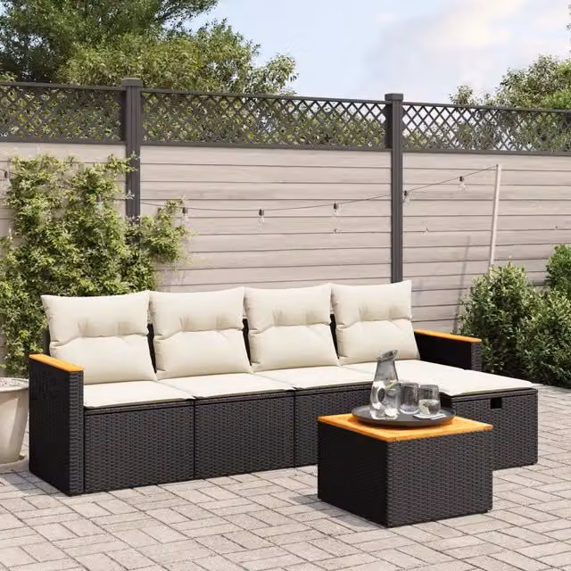 Set Divano da Giardino a L vidaXL in Polyrattan Nero con Cuscini e Tavolino da 6 Pezzi