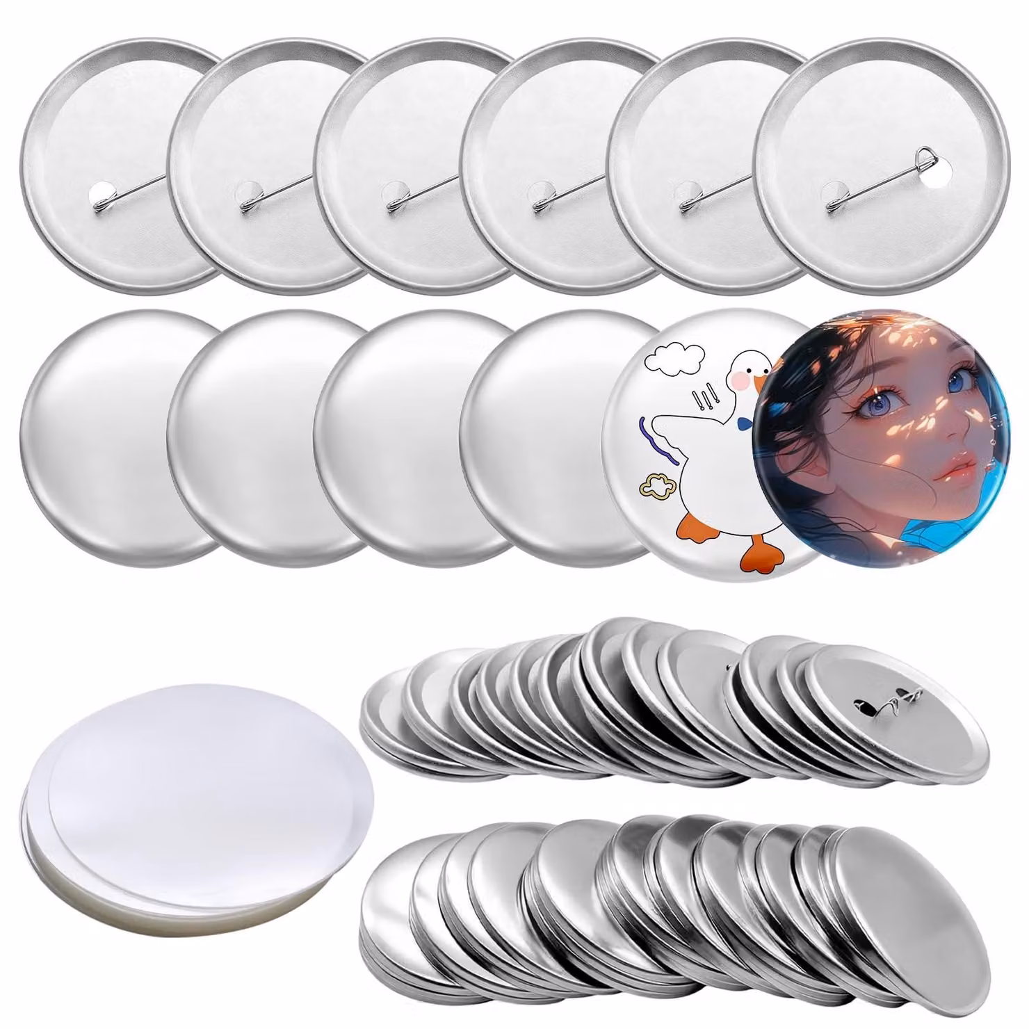 100 set di bottoni metallici non rifiniti, diametro 58 mm, con fermaglio di sicurezza