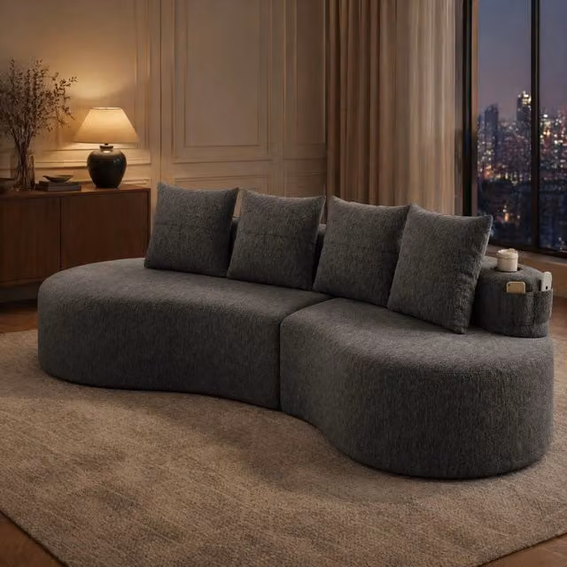 Sofa in lino grigio scuro 240x109x60 cm con 4 cuscini; portabicchieri e tasche laterali