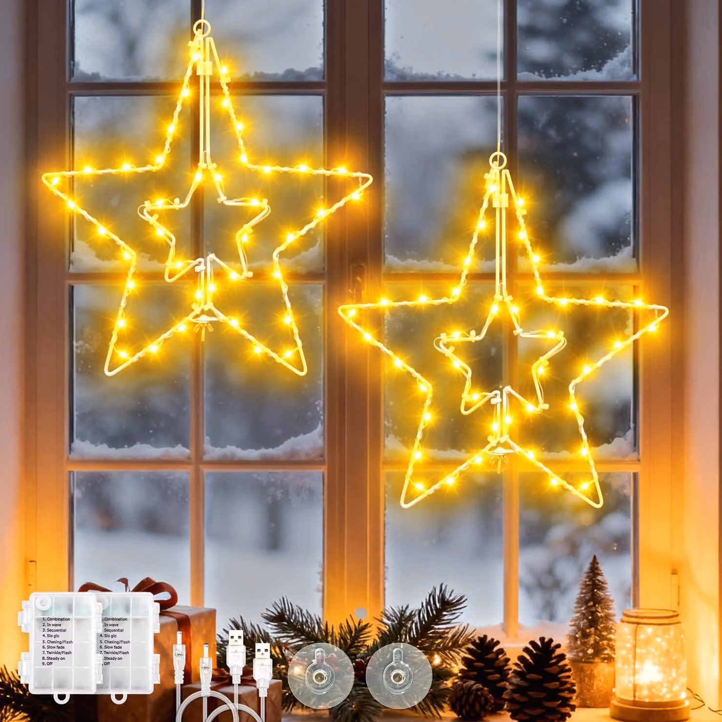 Set di 2 stelle a LED, 40 LED, pieghevoli, con timer, 8 modalità, luce bianco caldo, 15 cm