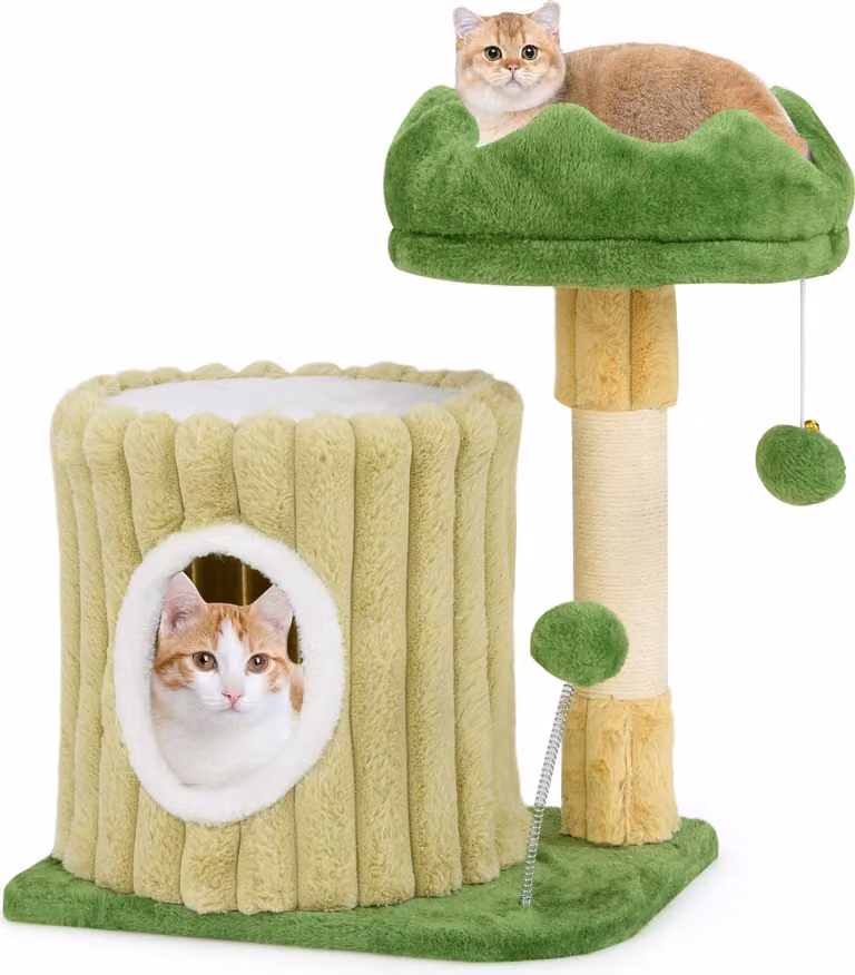 COSTWAY Albero da graffio piccolo, albero per gatti con piattaforma, tiragraffi in sisal, grotta per gatti e 2 palline, legno e peluche, albero da arrampicata per gatti verde