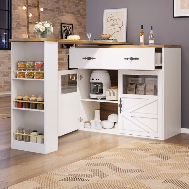Tavolo bar allungabile WISHDOR con piano girevole 360° e spazio contenitivo, bianco, L: 138-204 cm, P: 39 cm, H: 104 cm