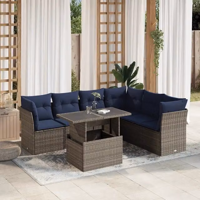 Set da giardino moderno vidaXL composto da 7 pezzi con divani a L, elementi angolari, tavolino da caffè e cuscini in tessuto resistente ai raggi UV, colore grigio e blu – 1
