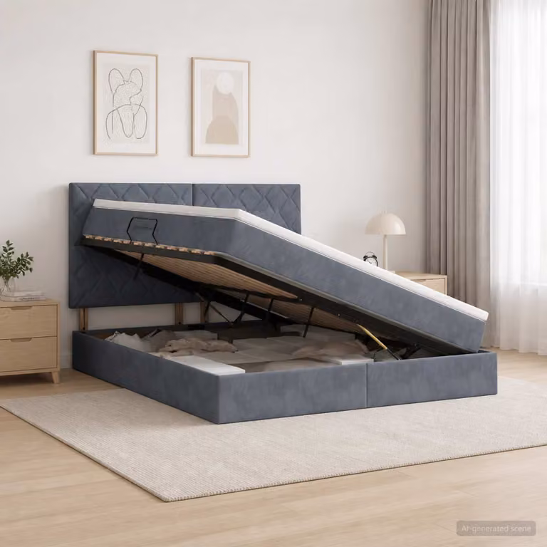 Letto con contenitore e illuminazione LED vidaXL in tessuto grigio con materasso L: 180 cm, P: 200 cm, H: 140 cm